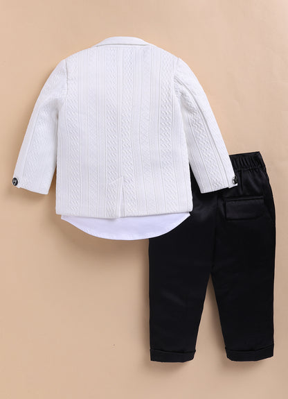 Blended Jaquard Woven Full Sleeves Coat Pant with Tuxedo Shirt, Bow and Brooch Pin Formal Coat Set- White