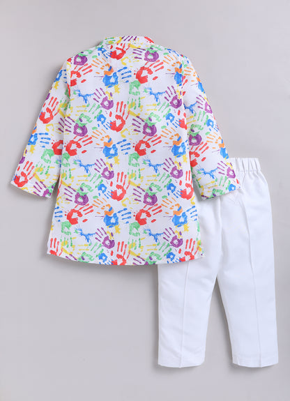 Boys Holi Hands Printed Multi Coloured Cotton Kurta and Pajama Ethnicwear Set