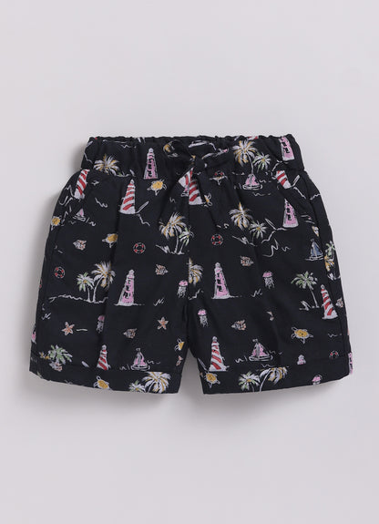 Boys Beach Printed Shirt  & Shorts Set - Black