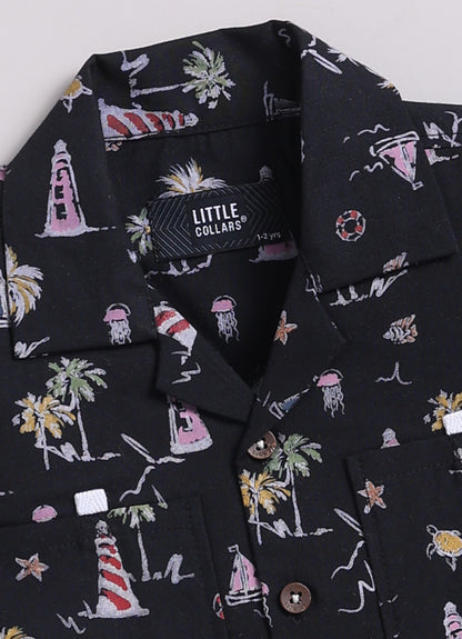 Boys Beach Printed Shirt  & Shorts Set - Black