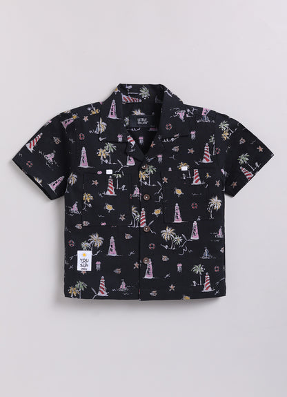 Boys Beach Printed Shirt  & Shorts Set - Black