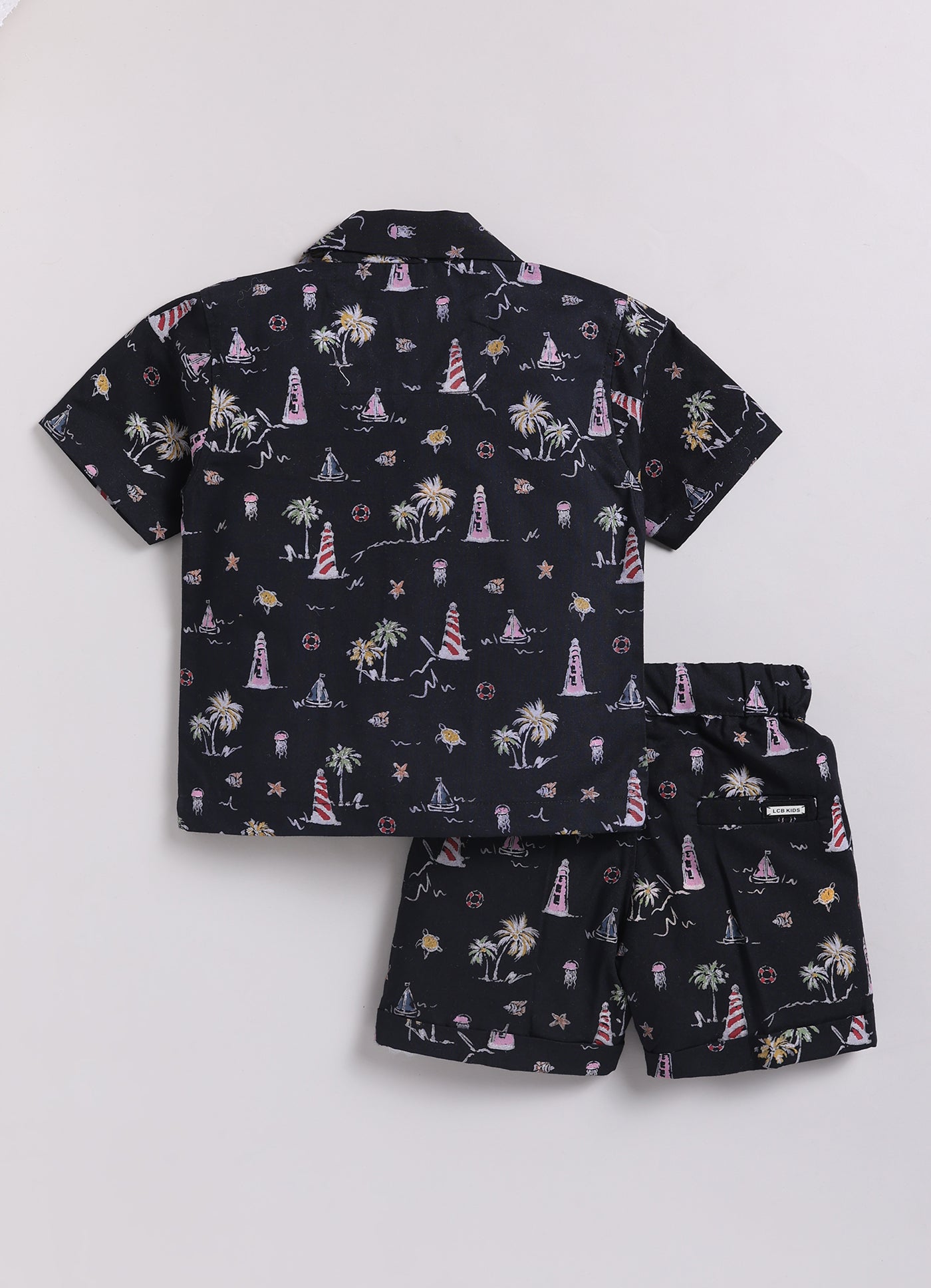 Boys Beach Printed Shirt  & Shorts Set - Black
