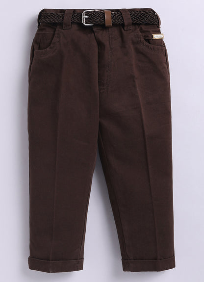 Boys Muslin Cotton Hand Embroidered Sheep Shirt Pant and Belt Set - Coffee