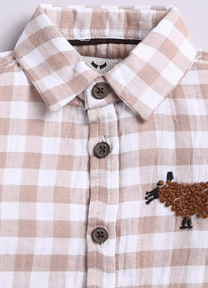 Boys Muslin Cotton Hand Embroidered Sheep Shirt Pant and Belt Set - Coffee