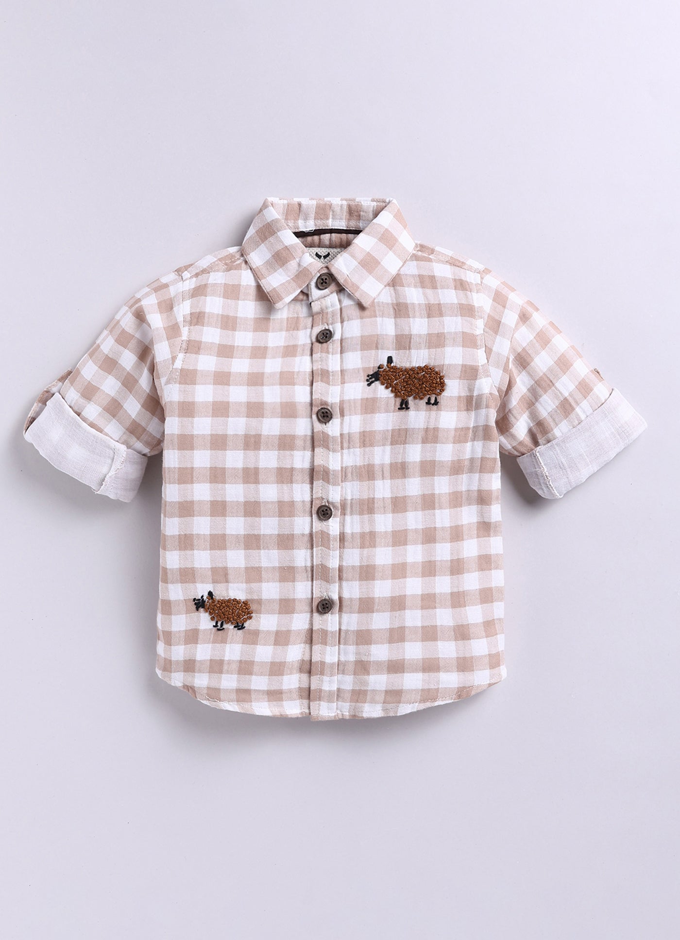 Boys Muslin Cotton Hand Embroidered Sheep Shirt Pant and Belt Set - Coffee