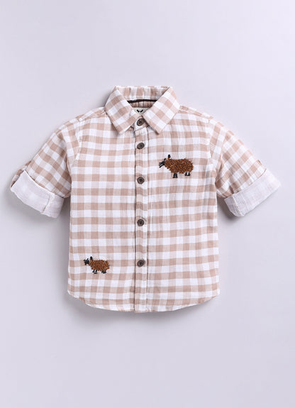 Boys Muslin Cotton Hand Embroidered Sheep Shirt Pant and Belt Set - Coffee