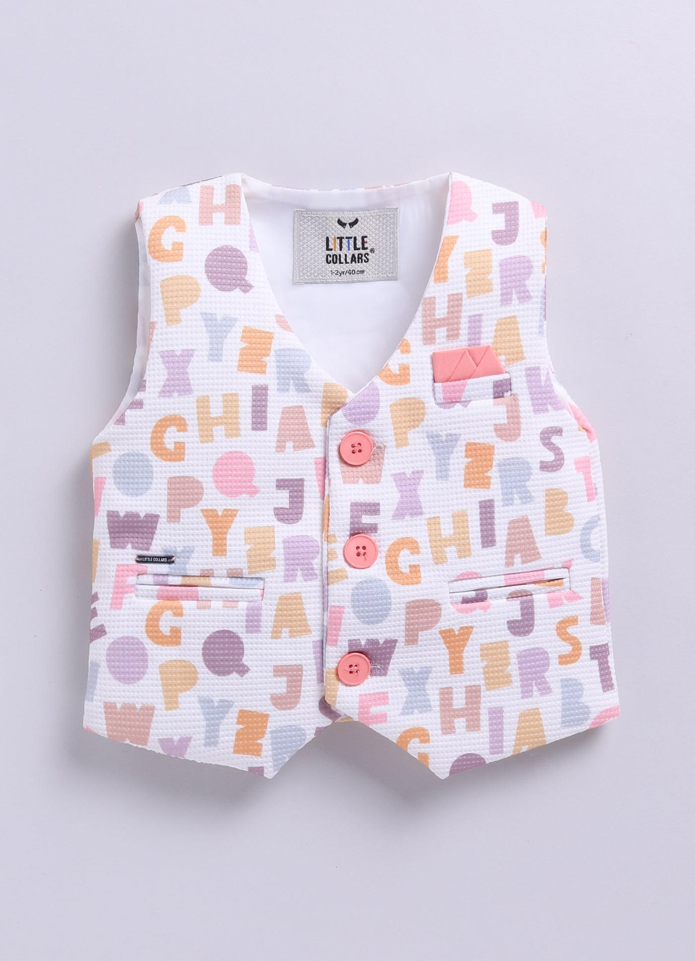 Birthday Boy Alphabet Printed Bright Full Sleeves Waistcoat Pant, Shirt and Bow Jacket Set- Peach