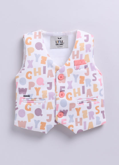 Birthday Boy Alphabet Printed Bright Full Sleeves Waistcoat Pant, Shirt and Bow Jacket Set- Peach