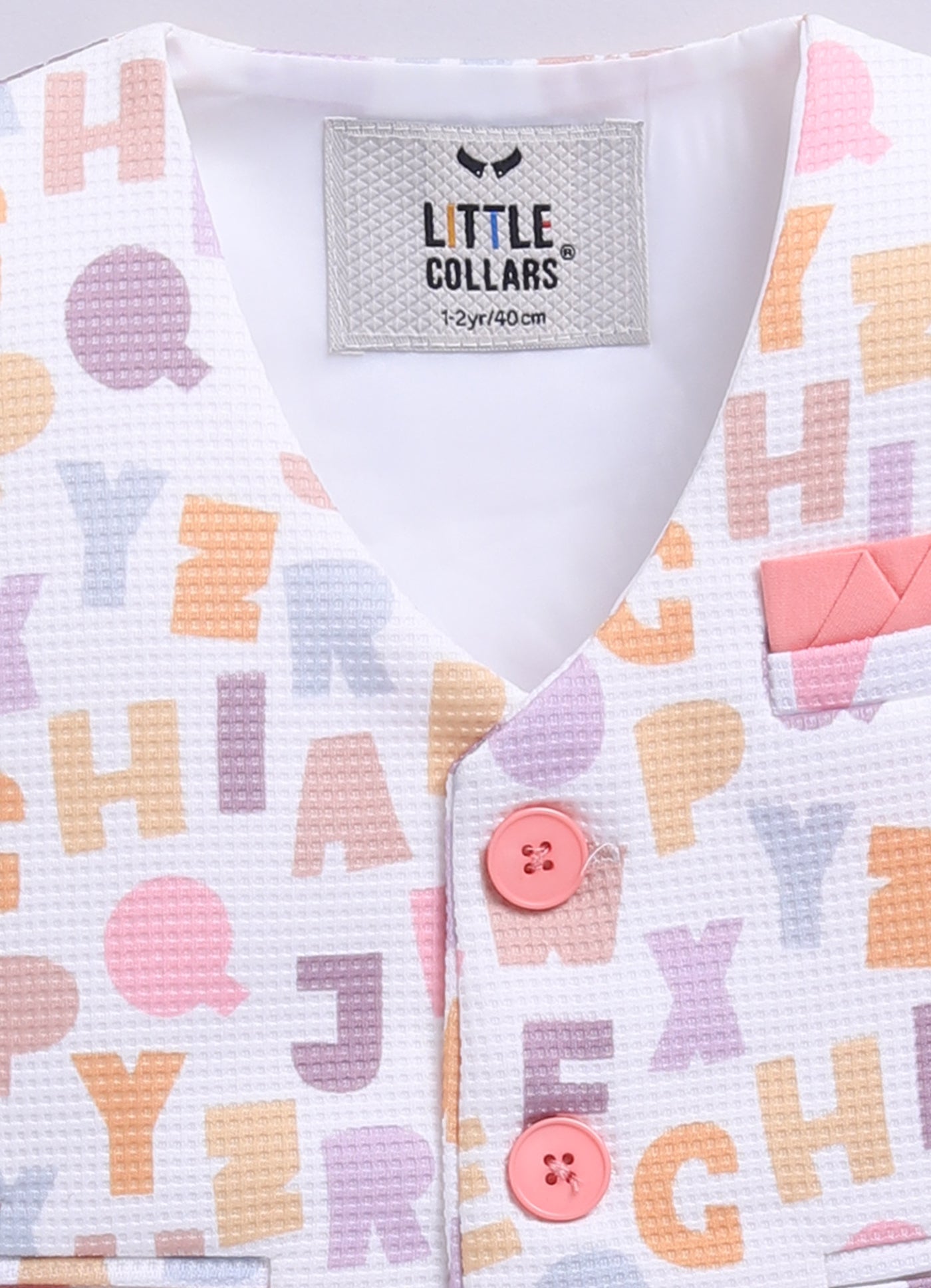 Birthday Boy Alphabet Printed Bright Full Sleeves Waistcoat Pant, Shirt and Bow Jacket Set- Peach