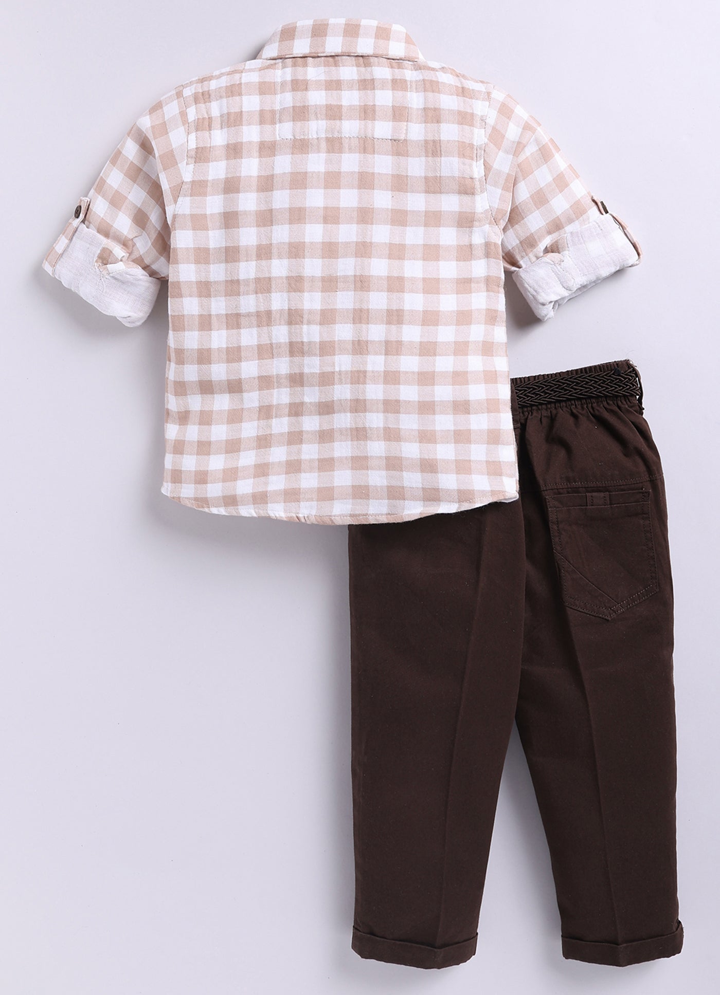 Boys Muslin Cotton Hand Embroidered Sheep Shirt Pant and Belt Set - Coffee