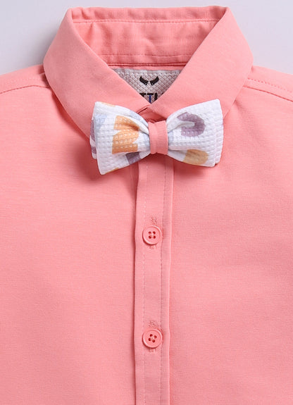 Birthday Boy Alphabet Printed Bright Full Sleeves Waistcoat Pant, Shirt and Bow Jacket Set- Peach