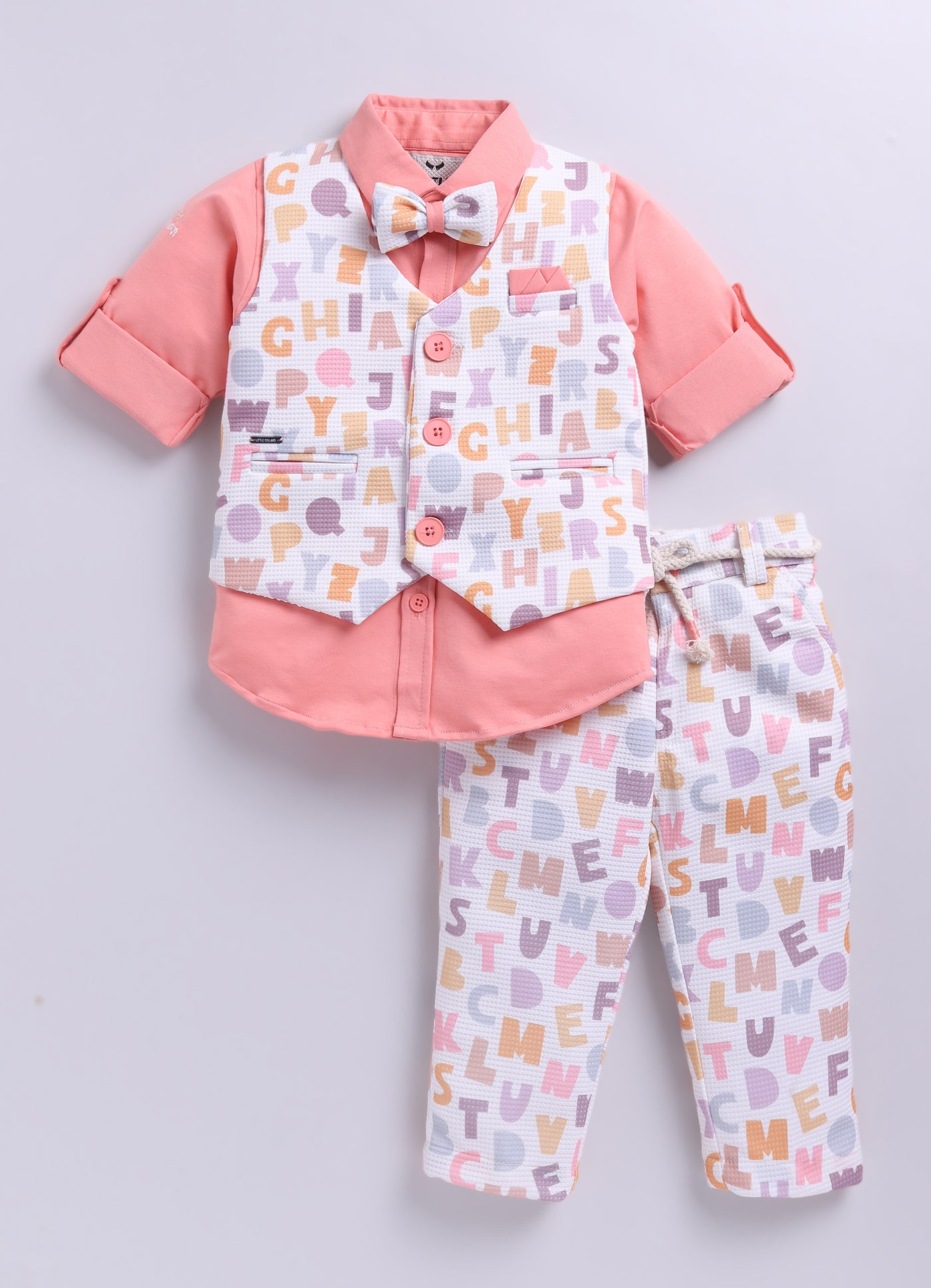 Birthday Boy Alphabet Printed Bright Full Sleeves Waistcoat Pant, Shirt and Bow Jacket Set- Peach