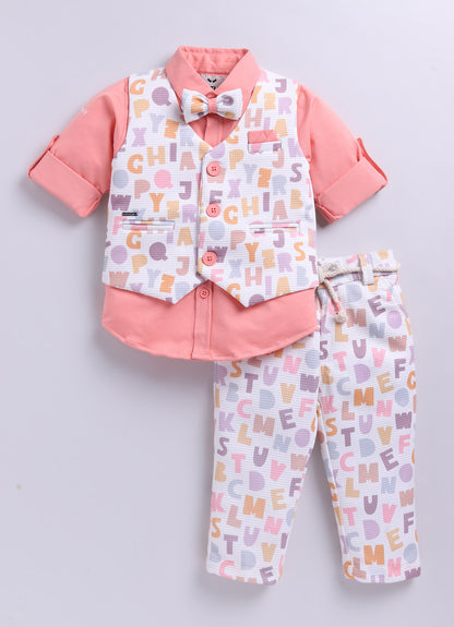 Birthday Boy Alphabet Printed Bright Full Sleeves Waistcoat Pant, Shirt and Bow Jacket Set- Peach