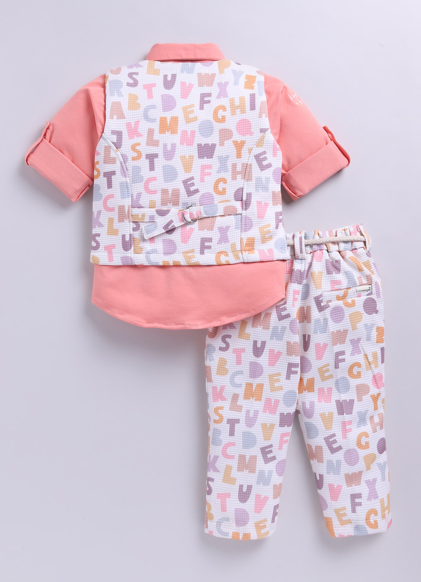 Birthday Boy Alphabet Printed Bright Full Sleeves Waistcoat Pant, Shirt and Bow Jacket Set- Peach