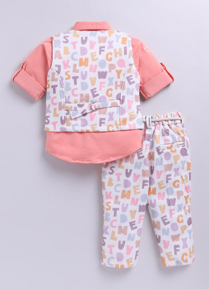 Birthday Boy Alphabet Printed Bright Full Sleeves Waistcoat Pant, Shirt and Bow Jacket Set- Peach