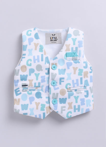 Birthday Boy Alphabet Printed Bright Full Sleeves Waistcoat Pant, Shirt and Bow Jacket Set- Green