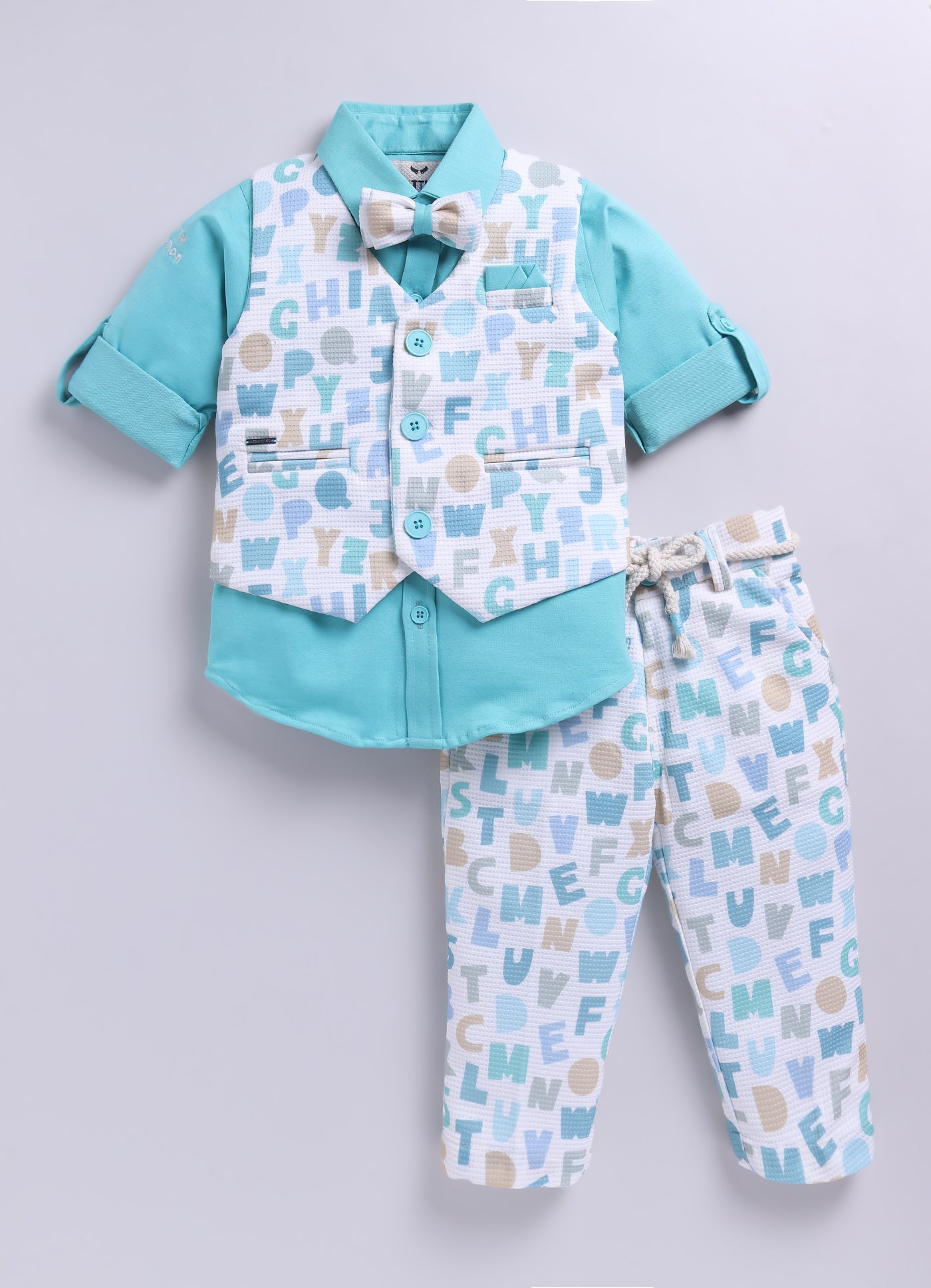 Birthday Boy Alphabet Printed Bright Full Sleeves Waistcoat Pant, Shirt and Bow Jacket Set- Green