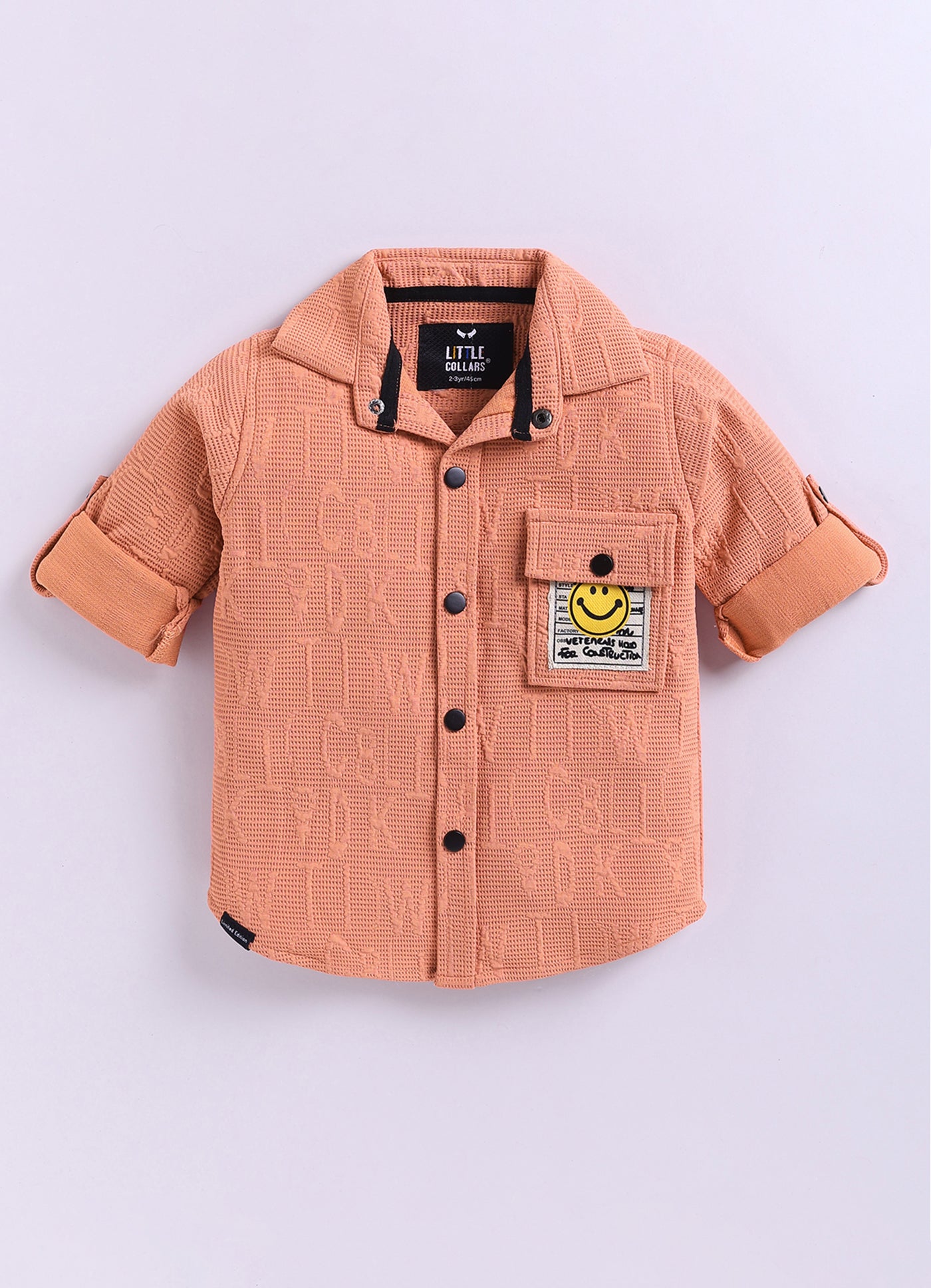 Boys Solid Bright Airport Look Full Sleeves Knitted Shirt, Trousers with Tshirt and Bag Casual Coord Set - Peach