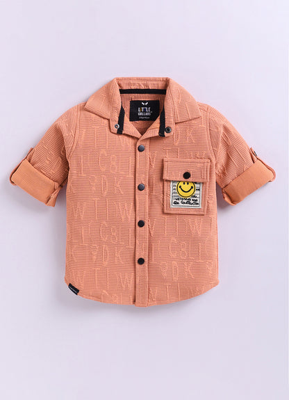 Boys Solid Bright Airport Look Full Sleeves Knitted Shirt, Trousers with Tshirt and Bag Casual Coord Set - Peach