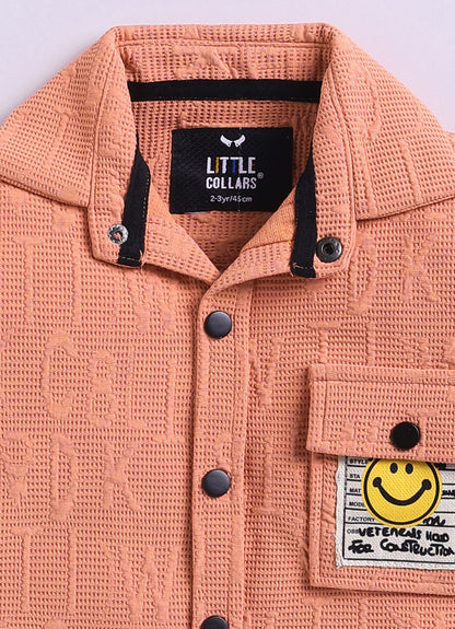 Boys Solid Bright Airport Look Full Sleeves Knitted Shirt, Trousers with Tshirt and Bag Casual Coord Set - Peach