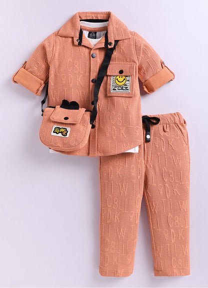 Boys Solid Bright Airport Look Full Sleeves Knitted Shirt, Trousers with Tshirt and Bag Casual Coord Set - Peach