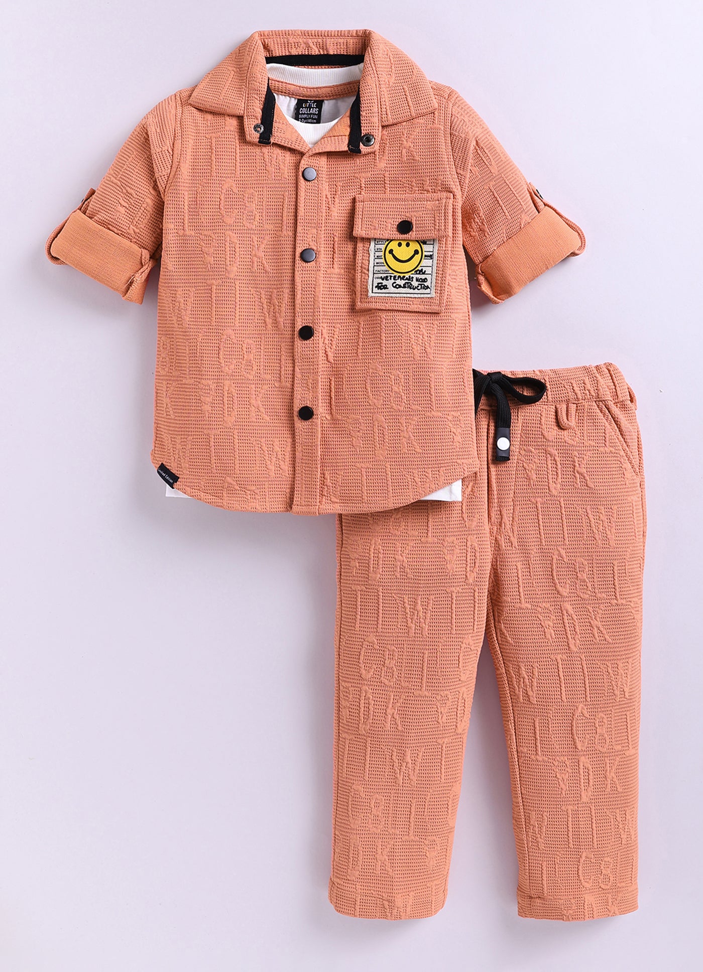 Boys Solid Bright Airport Look Full Sleeves Knitted Shirt, Trousers with Tshirt and Bag Casual Coord Set - Peach