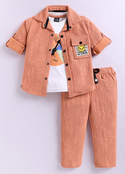 Boys Solid Bright Airport Look Full Sleeves Knitted Shirt, Trousers with Tshirt and Bag Casual Coord Set - Peach