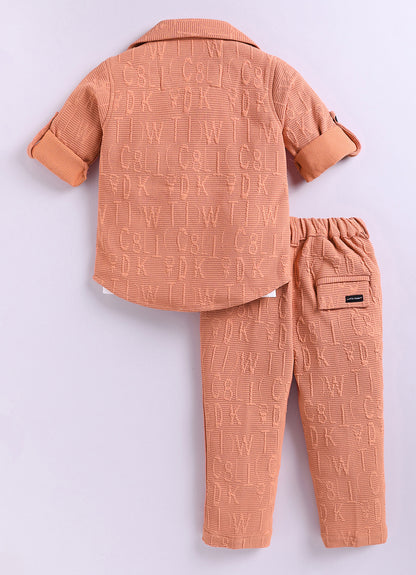 Boys Solid Bright Airport Look Full Sleeves Knitted Shirt, Trousers with Tshirt and Bag Casual Coord Set - Peach