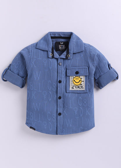 Boys Solid Bright Airport Look Full Sleeves Knitted Shirt, Trousers with Tshirt and Bag Casual Coord Set - Blue