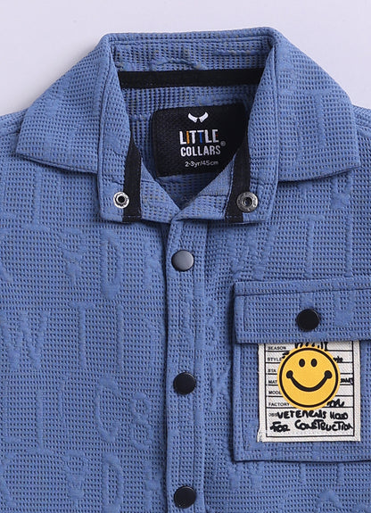 Boys Solid Bright Airport Look Full Sleeves Knitted Shirt, Trousers with Tshirt and Bag Casual Coord Set - Blue