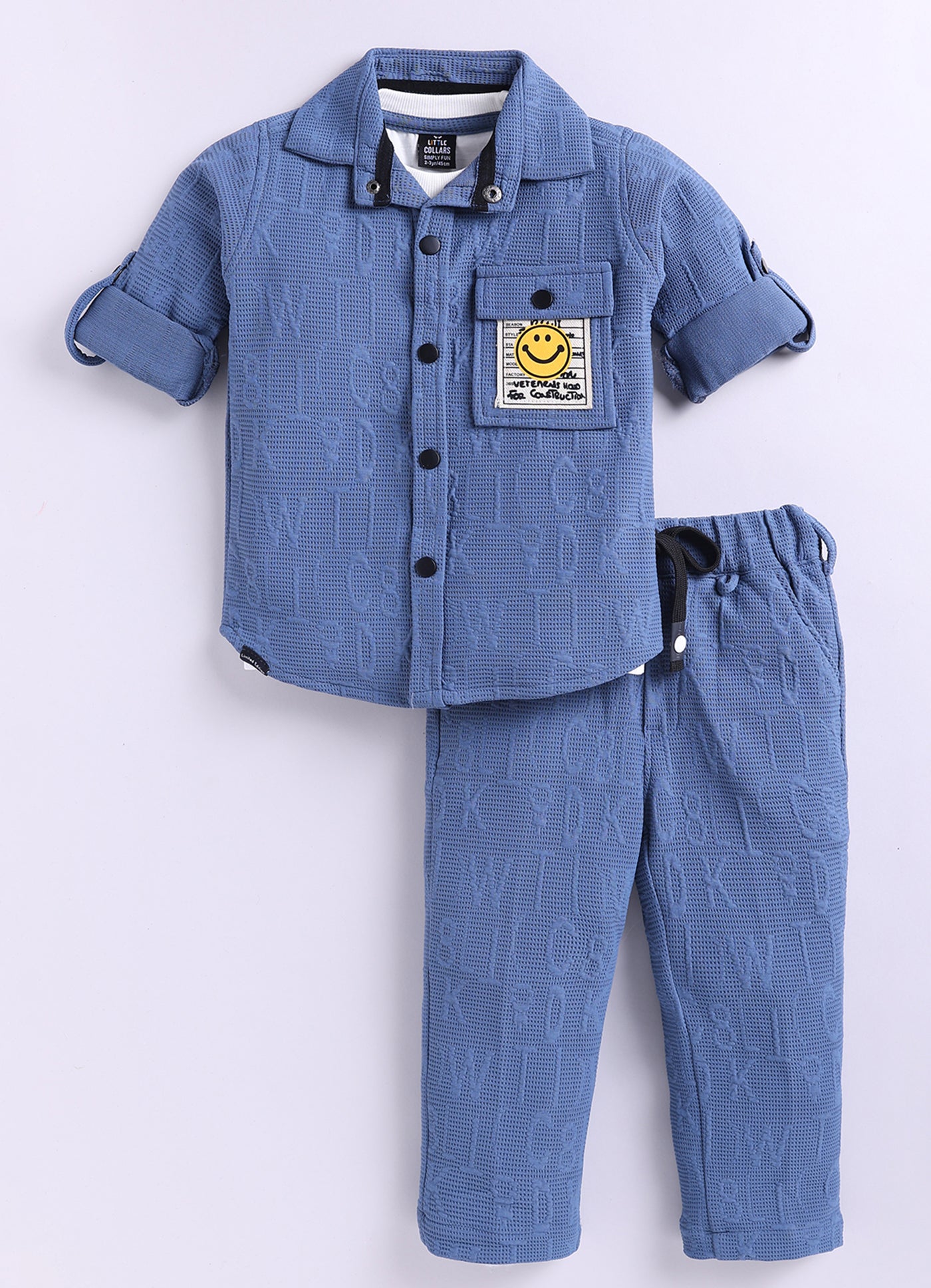Boys Solid Bright Airport Look Full Sleeves Knitted Shirt, Trousers with Tshirt and Bag Casual Coord Set - Blue