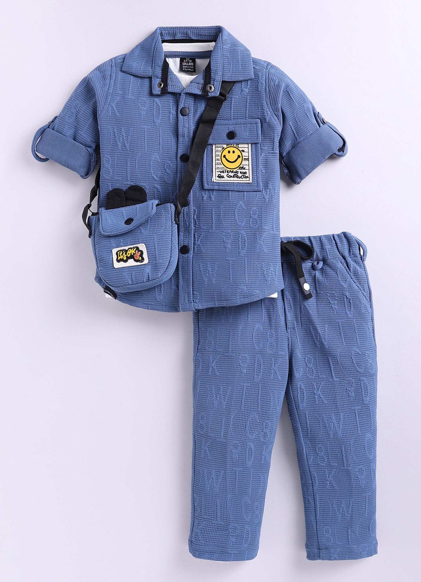 Boys Solid Bright Airport Look Full Sleeves Knitted Shirt, Trousers with Tshirt and Bag Casual Coord Set - Blue
