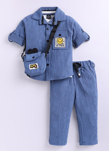 Boys Solid Bright Airport Look Full Sleeves Knitted Shirt, Trousers with Tshirt and Bag Casual Coord Set - Blue