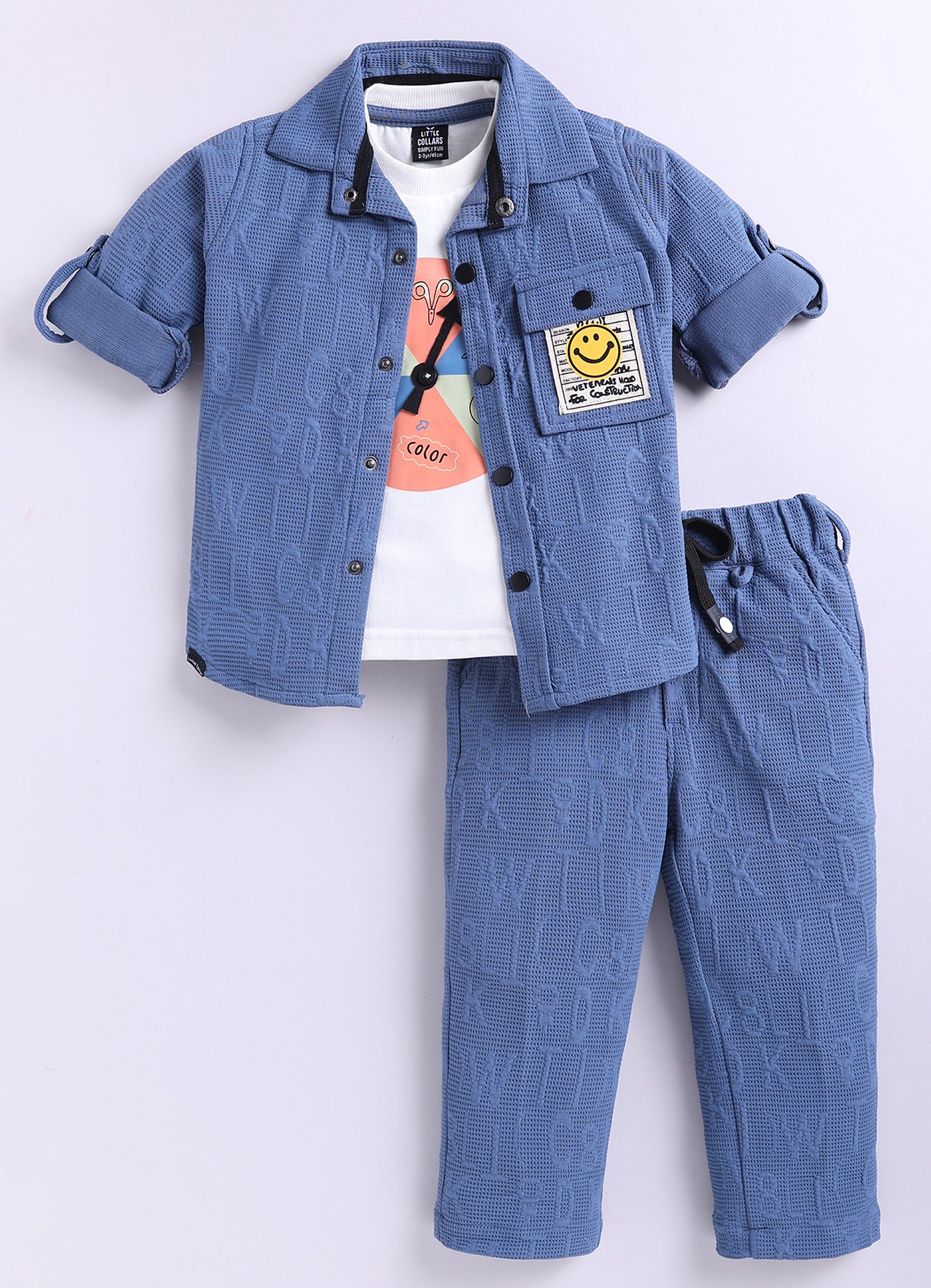 Boys Solid Bright Airport Look Full Sleeves Knitted Shirt, Trousers with Tshirt and Bag Casual Coord Set - Blue