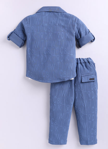 Boys Solid Bright Airport Look Full Sleeves Knitted Shirt, Trousers with Tshirt and Bag Casual Coord Set - Blue