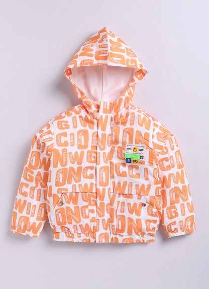 Blended Full Sleeves Zippered Alphabet Printed Sweat Jacket with Printed T shirt and Denim Pants Casual Set- Orange
