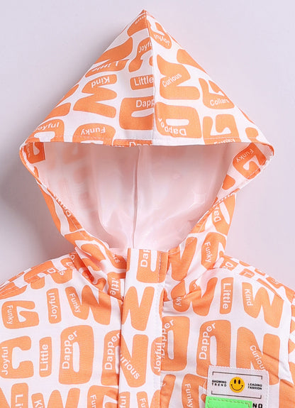 Blended Full Sleeves Zippered Alphabet Printed Sweat Jacket with Printed T shirt and Denim Pants Casual Set- Orange