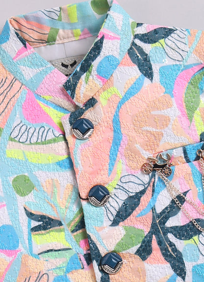 Boys Blended Floral Printed and Embroidered Nehru Jacket, Full Sleeve Shirt and Pant and Brooch Partywear Set - Pink