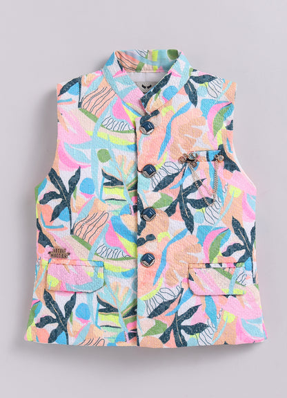 Boys Blended Floral Printed and Embroidered Nehru Jacket, Full Sleeve Shirt and Pant and Brooch Partywear Set - Pink