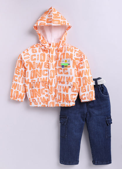 Blended Full Sleeves Zippered Alphabet Printed Sweat Jacket with Printed T shirt and Denim Pants Casual Set- Orange