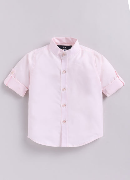 Boys Blended Floral Printed and Embroidered Nehru Jacket, Full Sleeve Shirt and Pant and Brooch Partywear Set - Pink