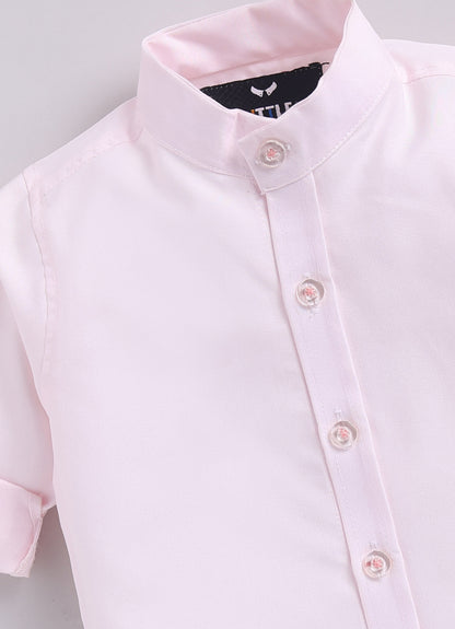 Boys Blended Floral Printed and Embroidered Nehru Jacket, Full Sleeve Shirt and Pant and Brooch Partywear Set - Pink
