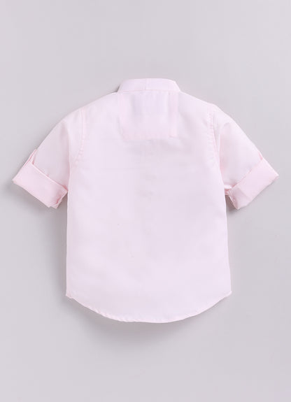 Boys Blended Floral Printed and Embroidered Nehru Jacket, Full Sleeve Shirt and Pant and Brooch Partywear Set - Pink