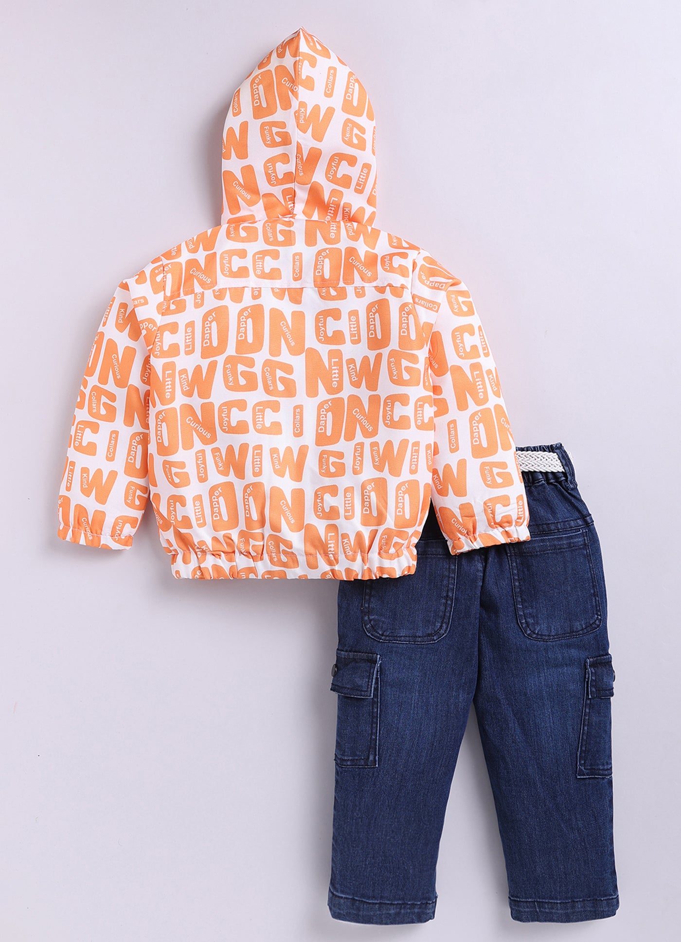 Blended Full Sleeves Zippered Alphabet Printed Sweat Jacket with Printed T shirt and Denim Pants Casual Set- Orange