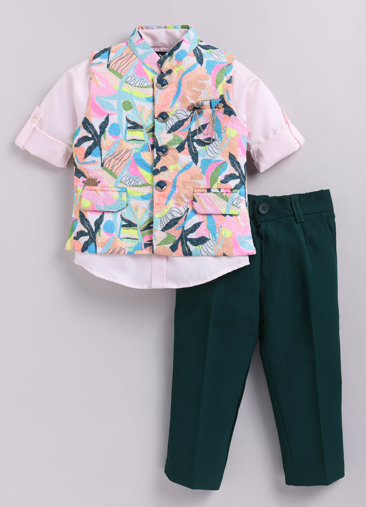 Boys Blended Floral Printed and Embroidered Nehru Jacket, Full Sleeve Shirt and Pant and Brooch Partywear Set - Pink