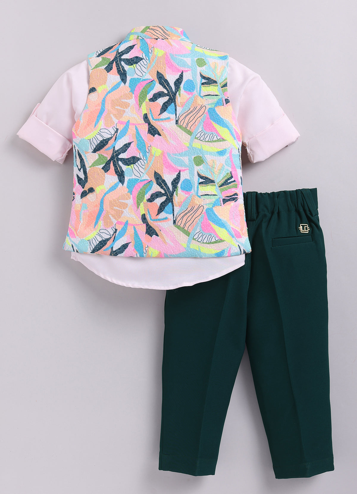 Boys Blended Floral Printed and Embroidered Nehru Jacket, Full Sleeve Shirt and Pant and Brooch Partywear Set - Pink
