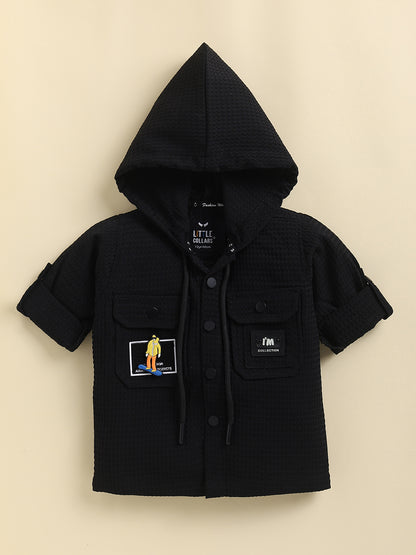 Solid Bright Jaquard Full Sleeves Woven Airport Look Coord with Tshirt Casual Co-ord Set - Black