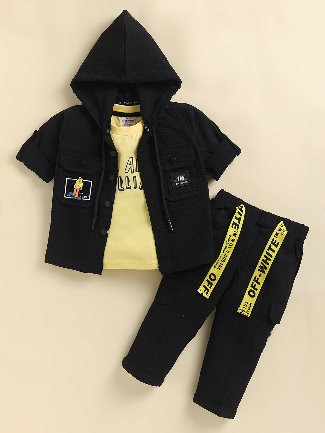 Solid Bright Jaquard Full Sleeves Woven Airport Look Coord with Tshirt Casual Co-ord Set - Black