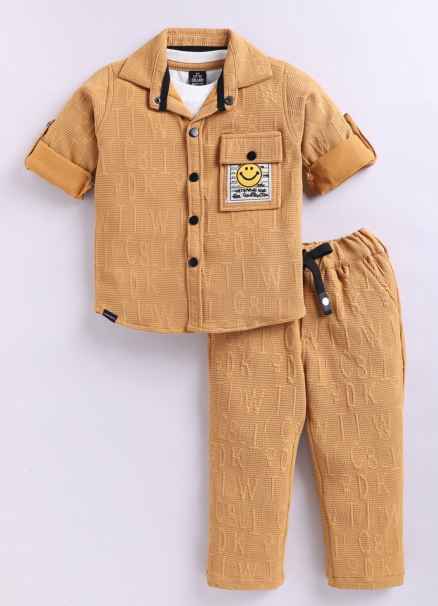 Boys Solid Bright Airport Look Full Sleeves Knitted Shirt, Trousers with Tshirt and Bag Casual Coord Set - Mango
