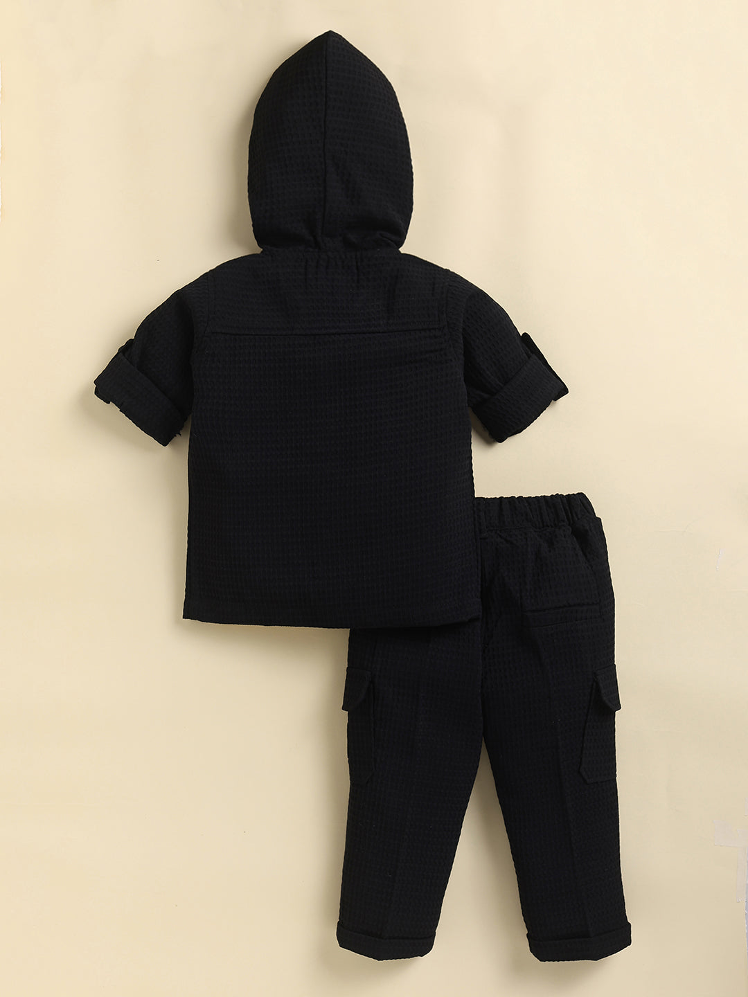 Solid Bright Jaquard Full Sleeves Woven Airport Look Coord with Tshirt Casual Co-ord Set - Black